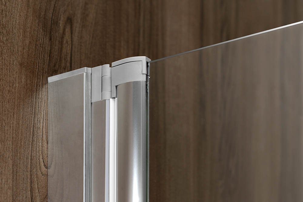 Polysan RIONI vanová zástěna s pneumatickým zdvihem, š. 710mm, stříbrná, čiré sklo, detail pantů zástěny