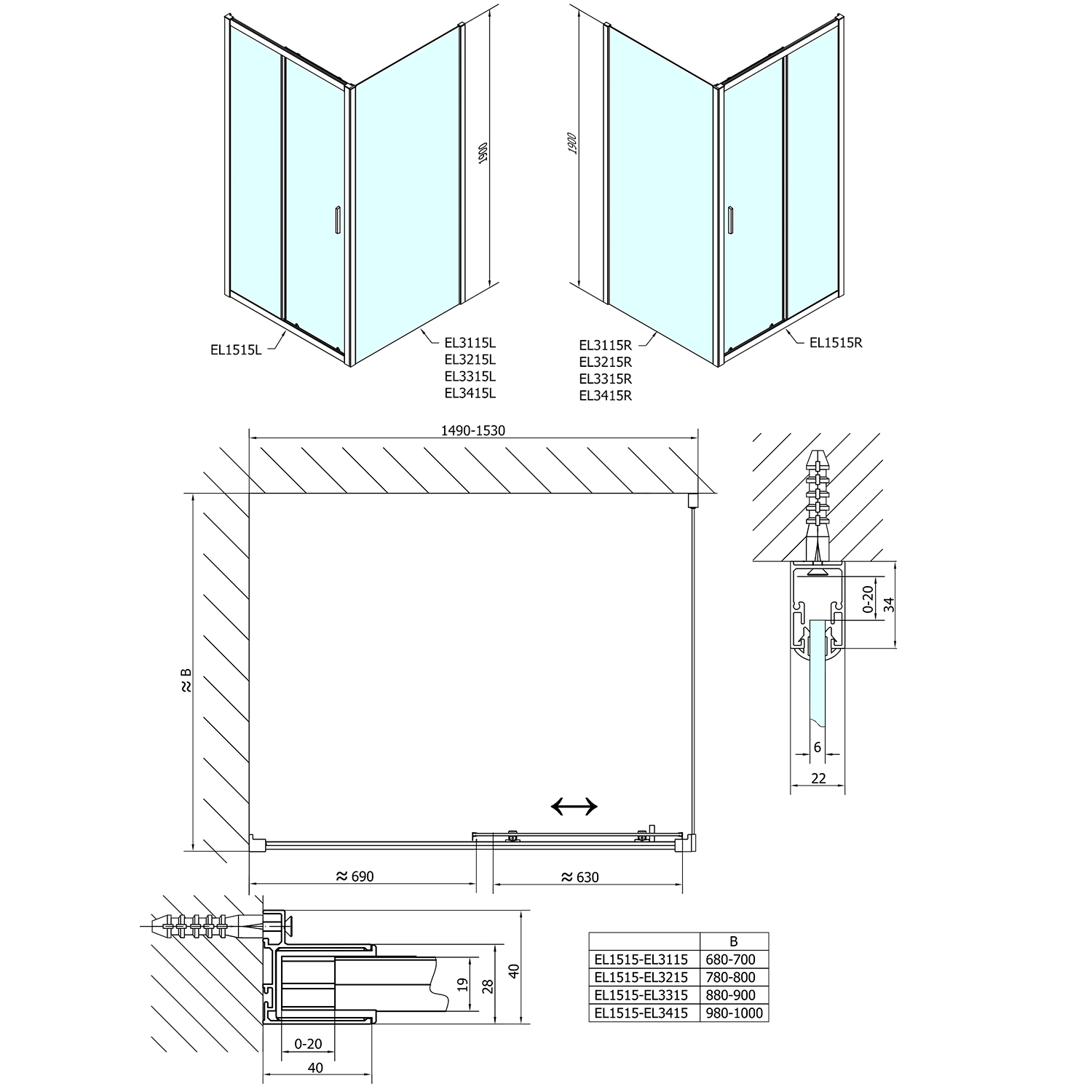 Polysan EASY obdélníkový sprchový kout 1500x900mm, čiré sklo L/P varianta, technický nákres
