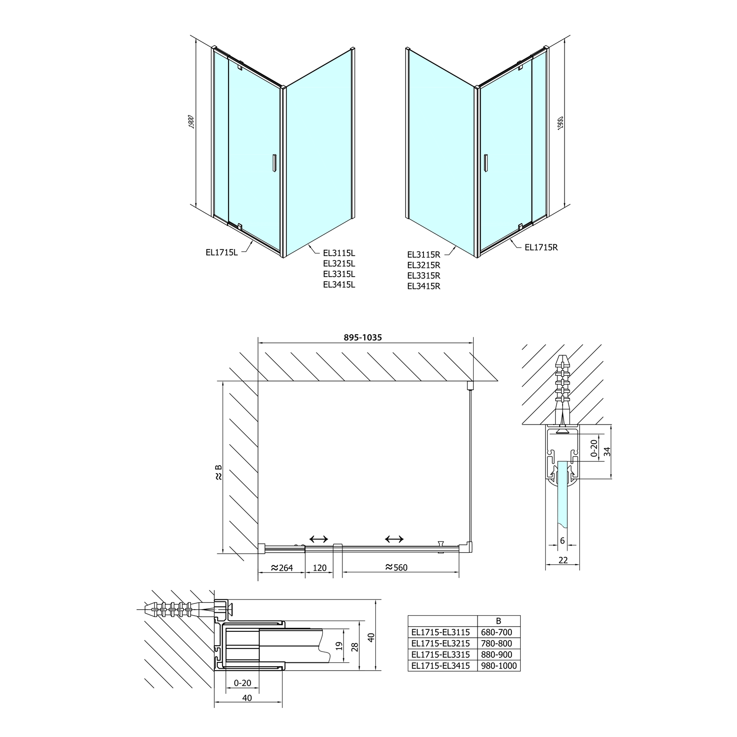 Polysan EASY obdélník/čtverec sprchový kout pivot dveře 900-1000x1000mm L/P variant, technický nákres