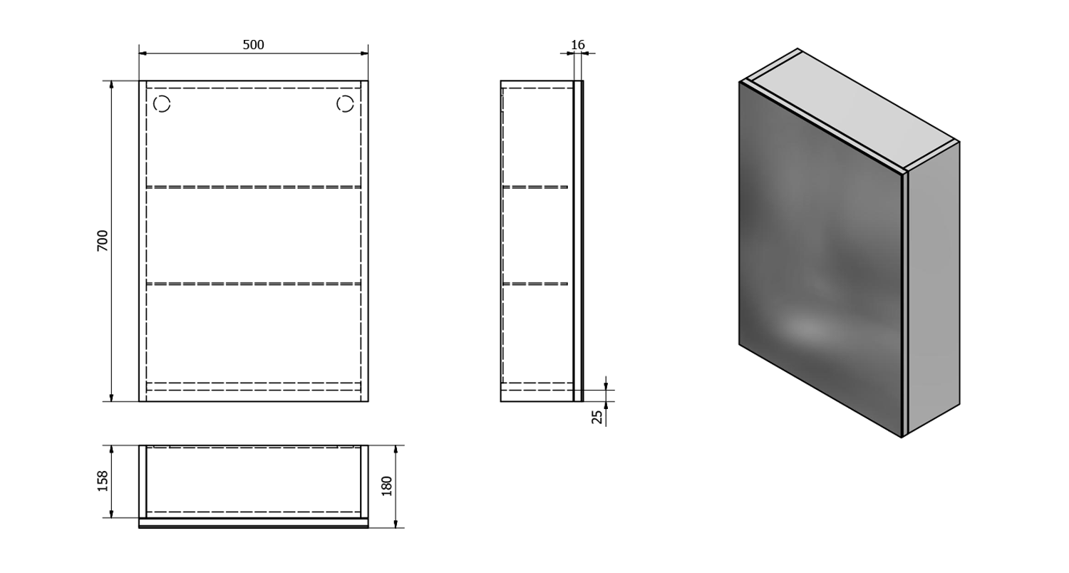 Aqualine VEGA galerka, 50x70x18cm, dub platin, technický nákres