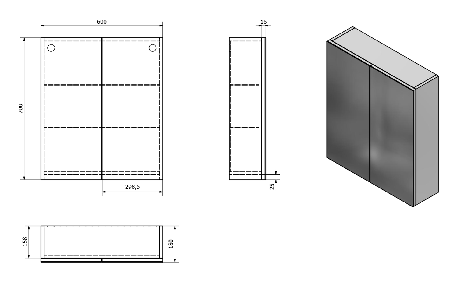 Aqualine VEGA galerka, 60x70x18cm, dub platin, technický nákres