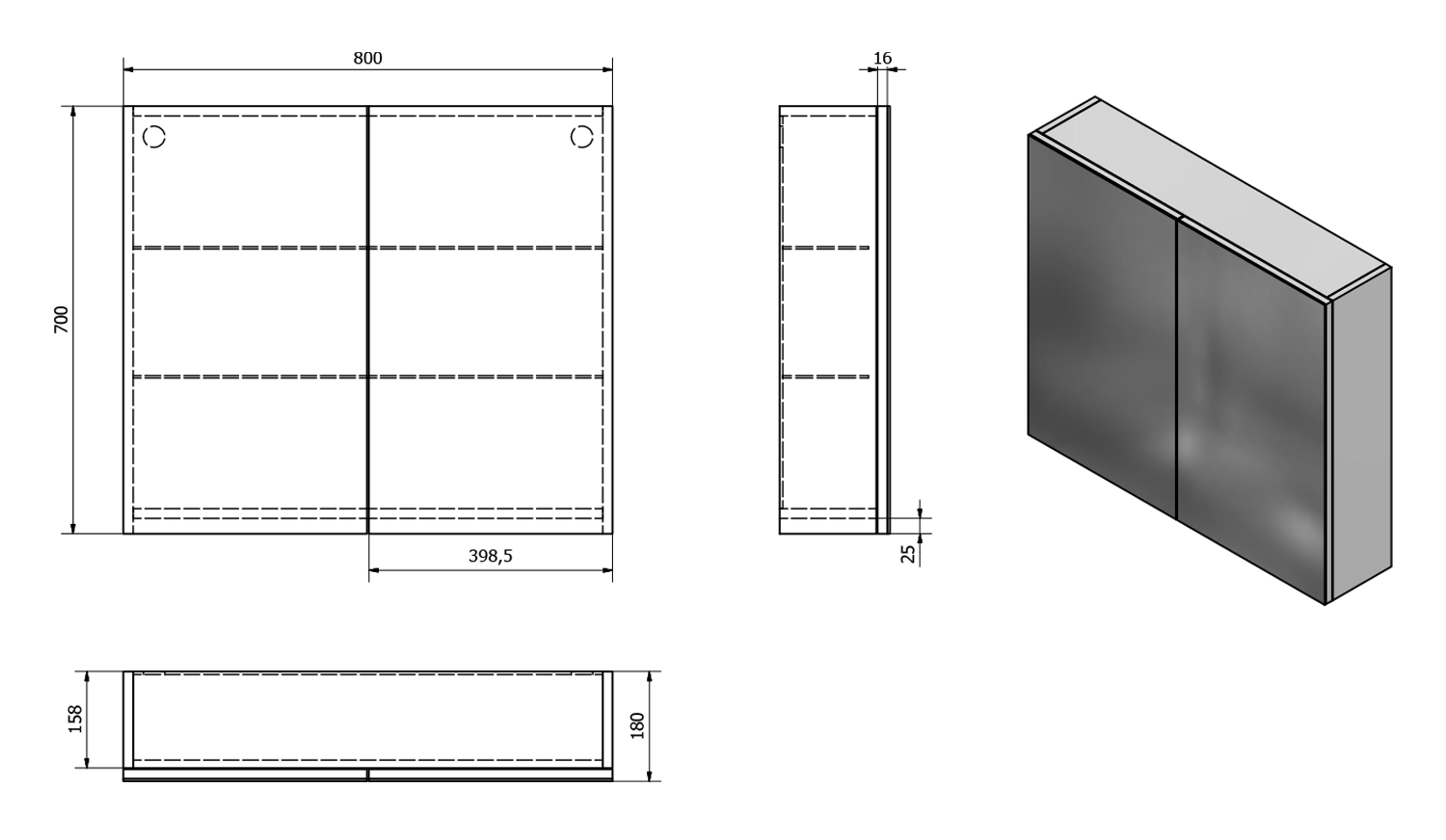 Aqualine VEGA galerka, 80x70x18cm, dub platin, technický nákres