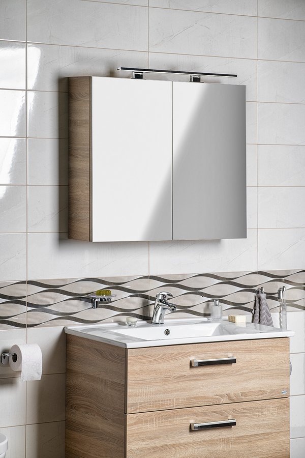 Aqualine VEGA galerka, 80x70x18cm, dub platin, v koupelně s umyvadlem