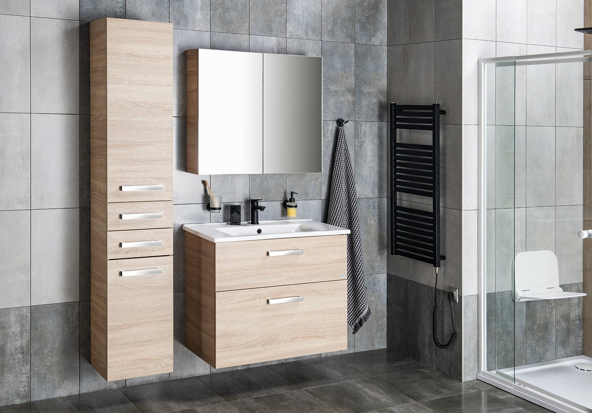 Aqualine VEGA umyvadlová skříňka 82x67,6x43,8cm, 2x zásuvka, dub platin, v koupelně