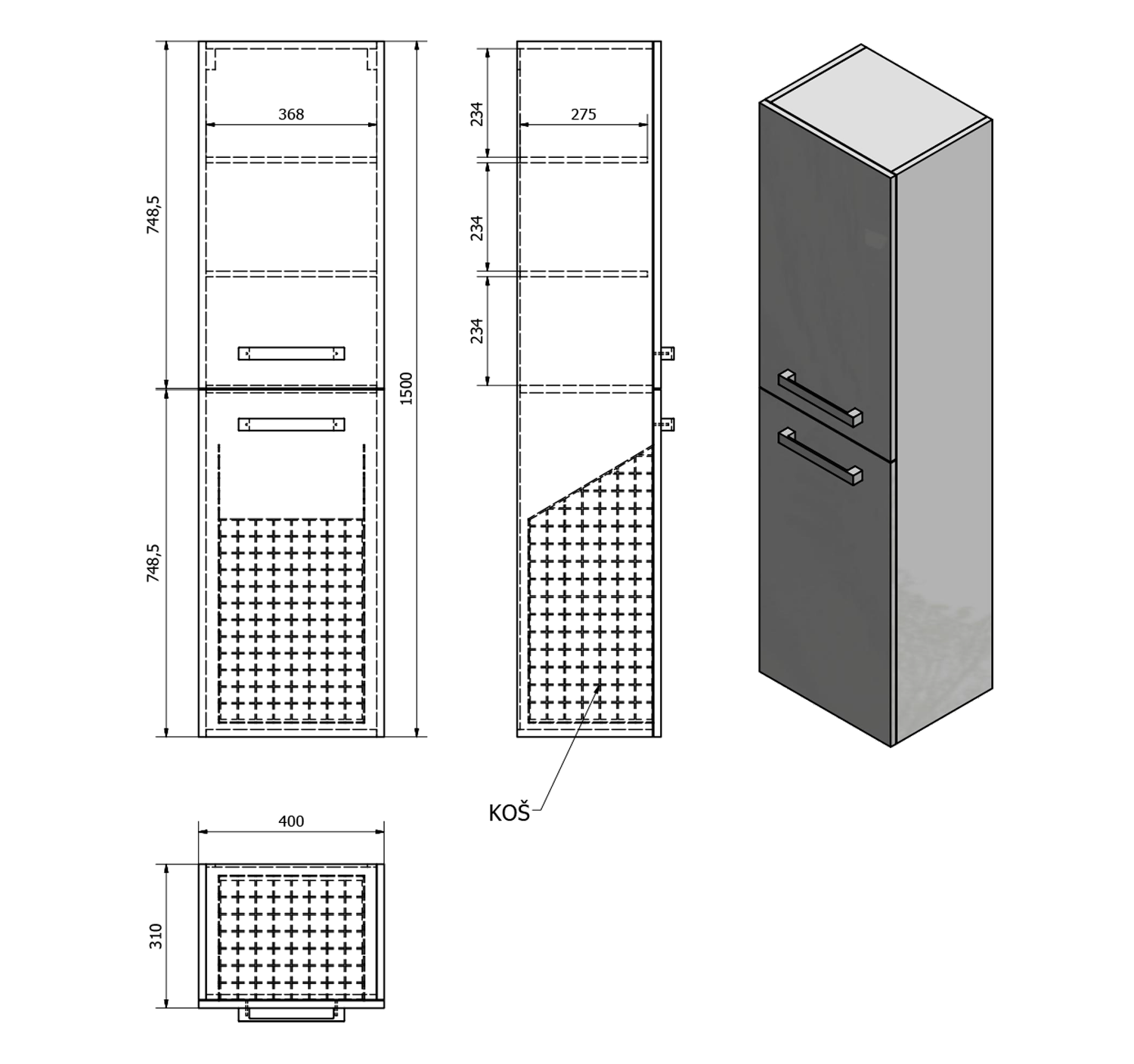 Aqualine VEGA skříňka vysoká s košem, 40x150x31cm, dub platin, technický nákres