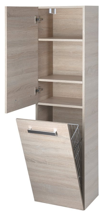 Aqualine VEGA skříňka vysoká s košem, 40x150x31cm, dub platin, s otevřenými dvířky a košem