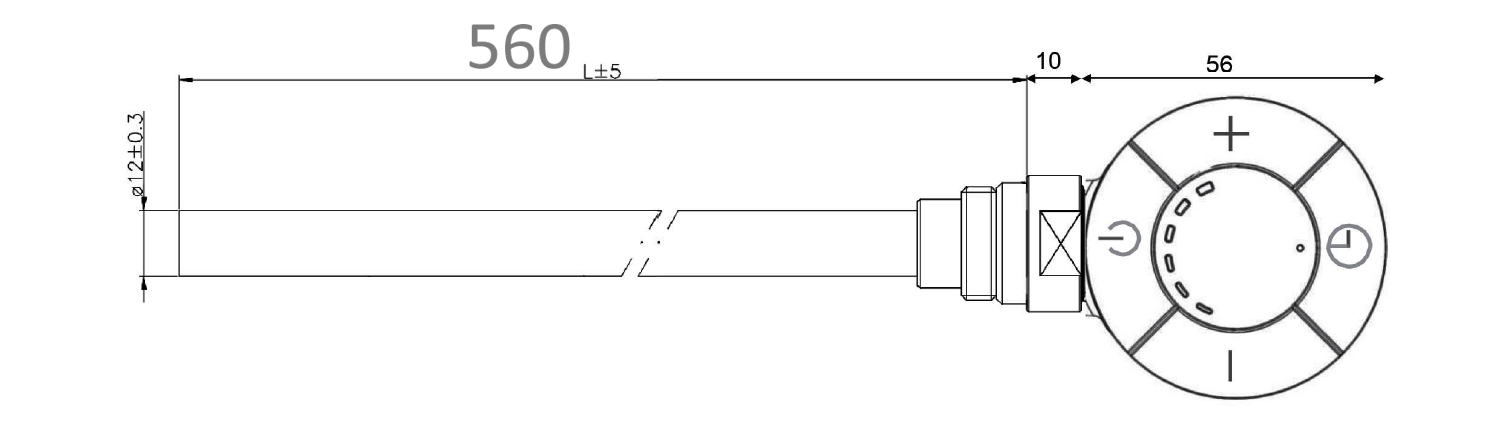 Aqualine Topná tyč s termostatem, rovný kabel, 600 W, chrom, technický nákres