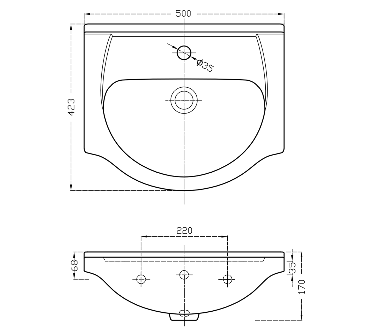 Aqualine SIMPLEX ECO 50 umyvadlová skříňka včetně umyvadla 47x83,5x29cm, technický nákres