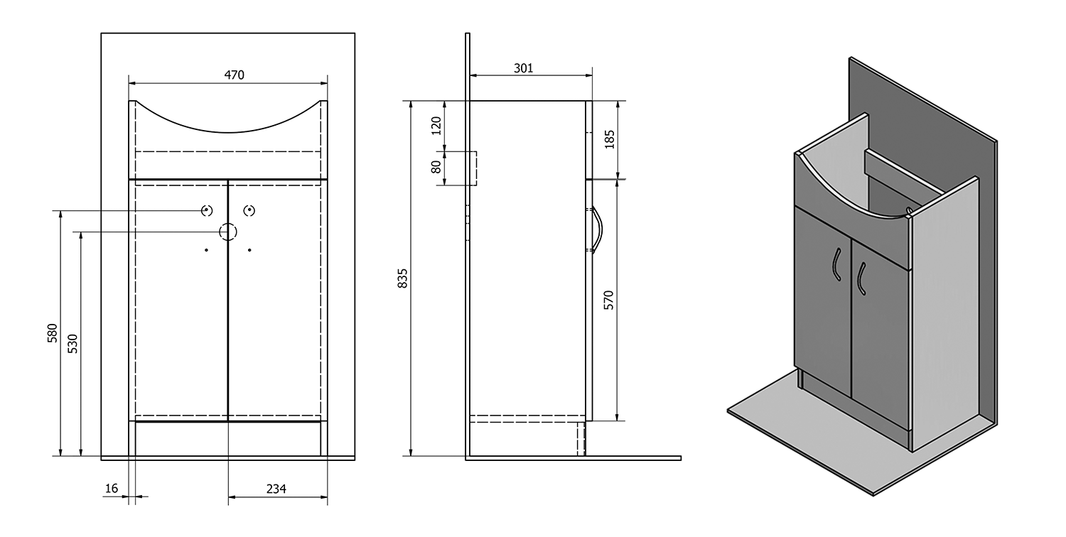 Aqualine SIMPLEX ECO 50 umyvadlová skříňka včetně umyvadla 47x83,5x29cm, technický nákres
