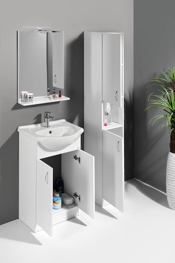 Aqualine SIMPLEX ECO 50 umyvadlová skříňka včetně umyvadla 47x83,5x29cm, v koupelně s otevřenými dvířky