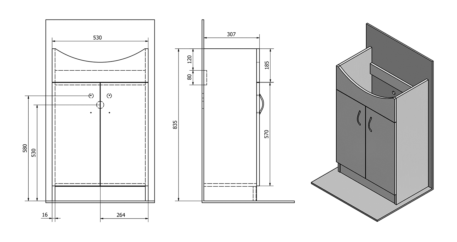 Aqualine SIMPLEX ECO 55 umyvadlová skříňka včetně umyvadla 53x83,5x30,7cm, technický nákres