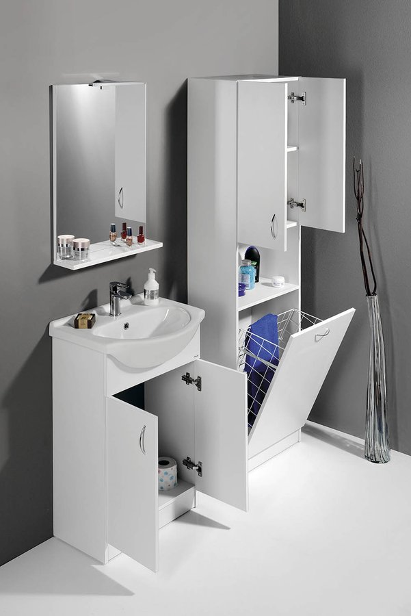 Aqualine SIMPLEX ECO 55 umyvadlová skříňka včetně umyvadla 53x83,5x30,7cm, v koupelně s otevřenými dvířky
