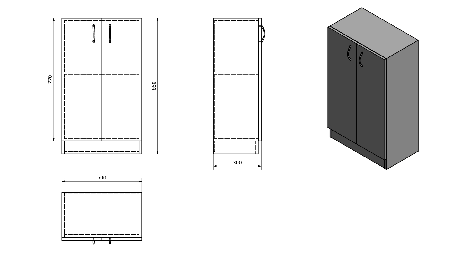 Aqualine SIMPLEX ECO nízká skříňka 50x86x30cm, technický nákres