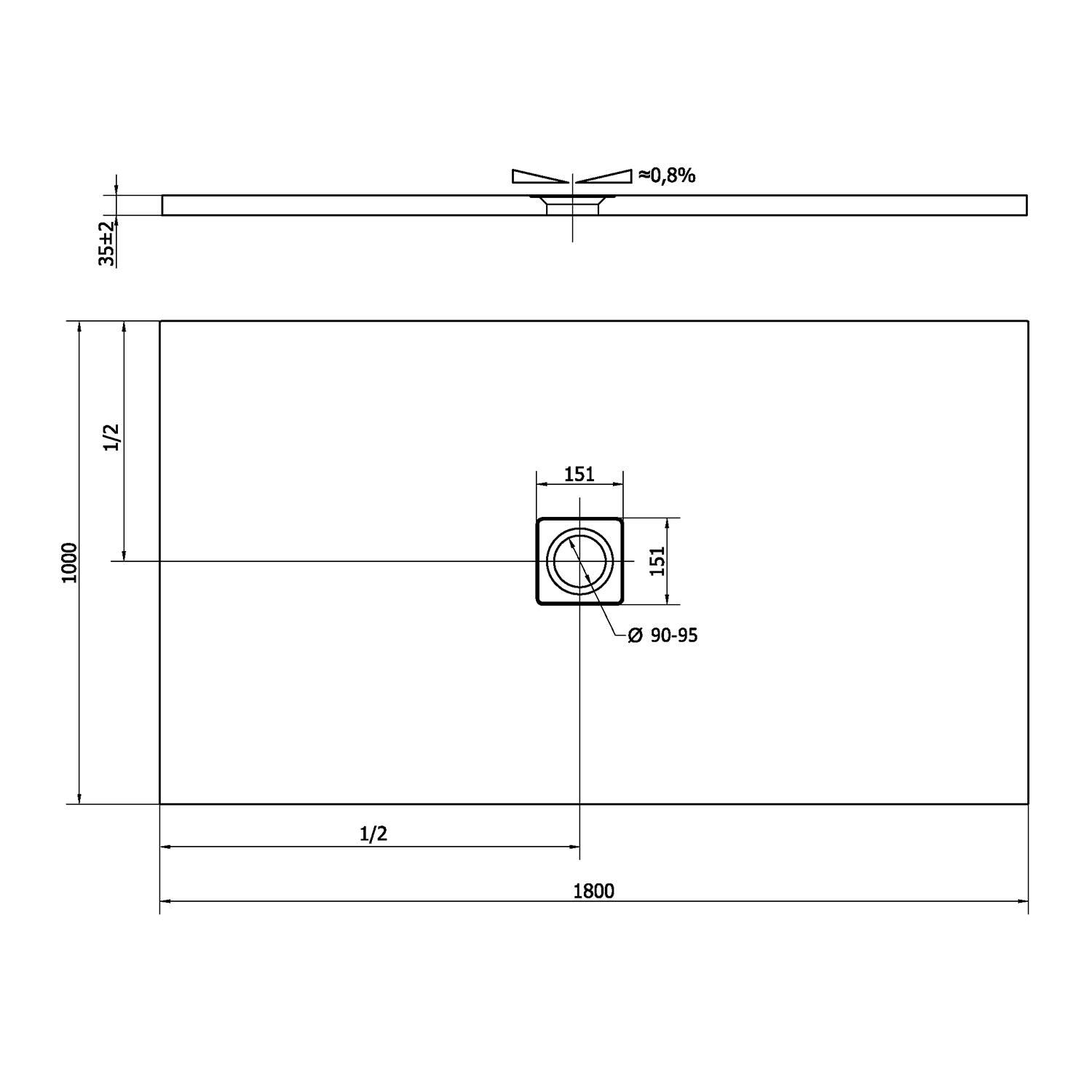Polysan FLEXIA vanička z litého mramoru s možností úpravy rozměru, 180x100cm, technický nákres