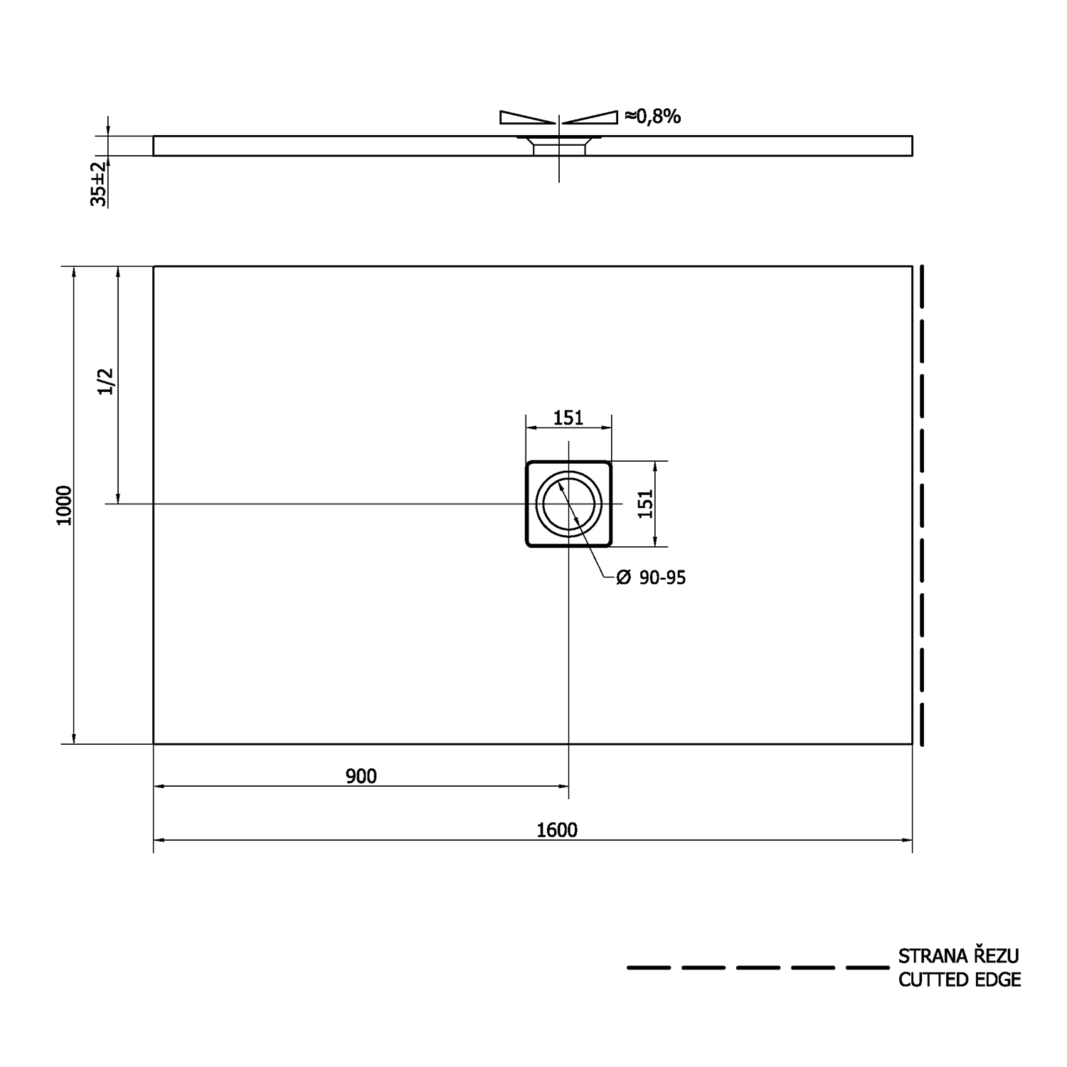 Polysan FLEXIA vanička z litého mramoru s možností úpravy rozměru, 160x100cm, technický nákres