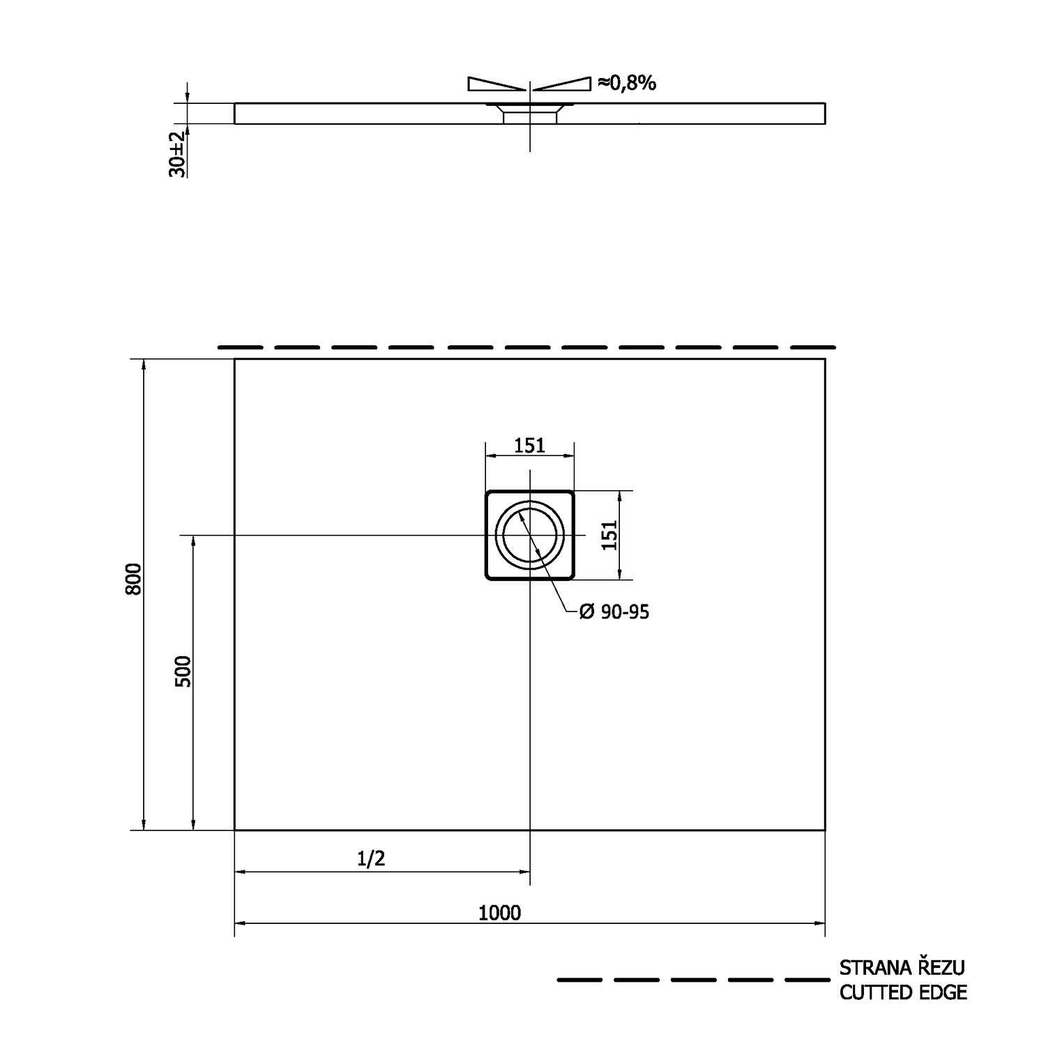 Polysan FLEXIA vanička z litého mramoru s možností úpravy rozměru, 100x80cm, technický nákres