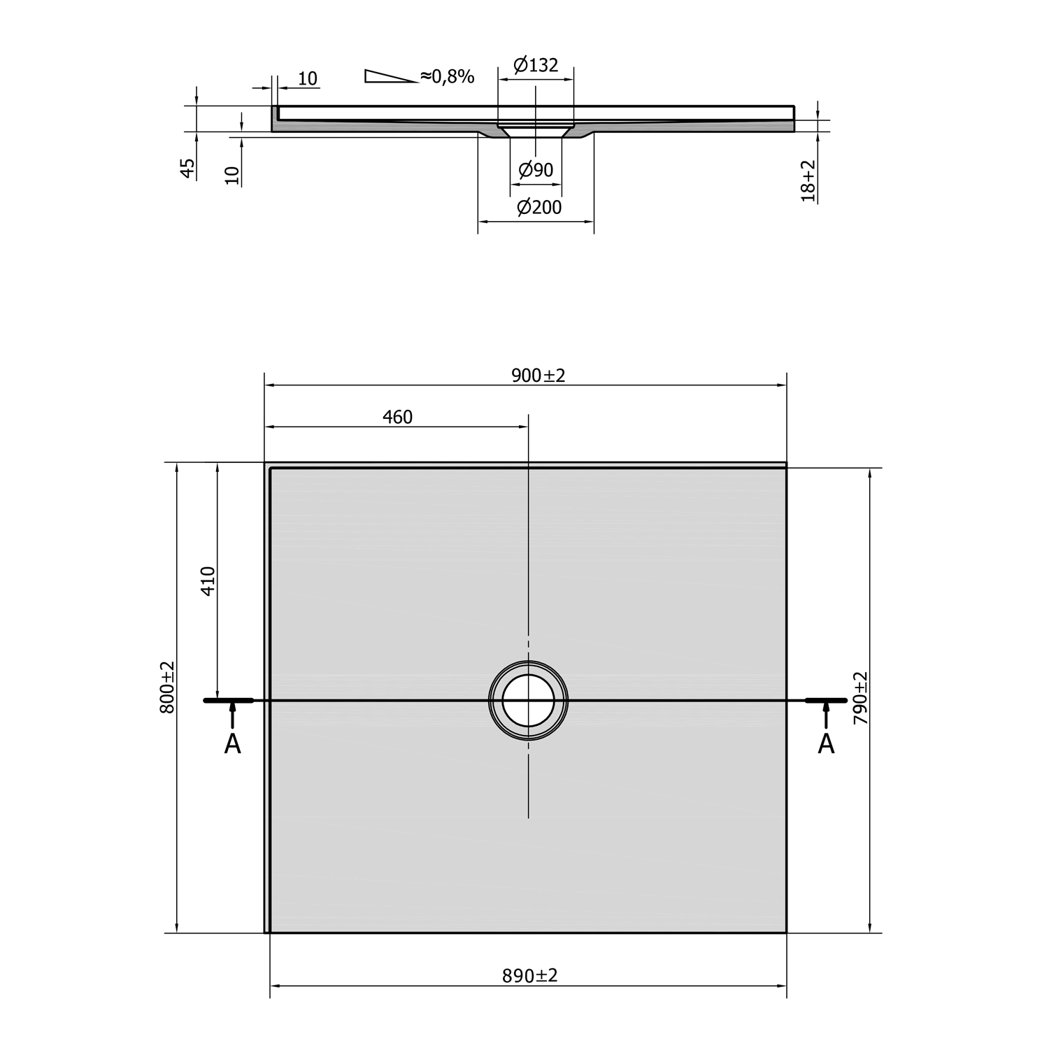 Polysan MIRAI sprchová vanička z litého mramoru, obdélník 90x80x1,8cm, levá, bílá, technický nákres
