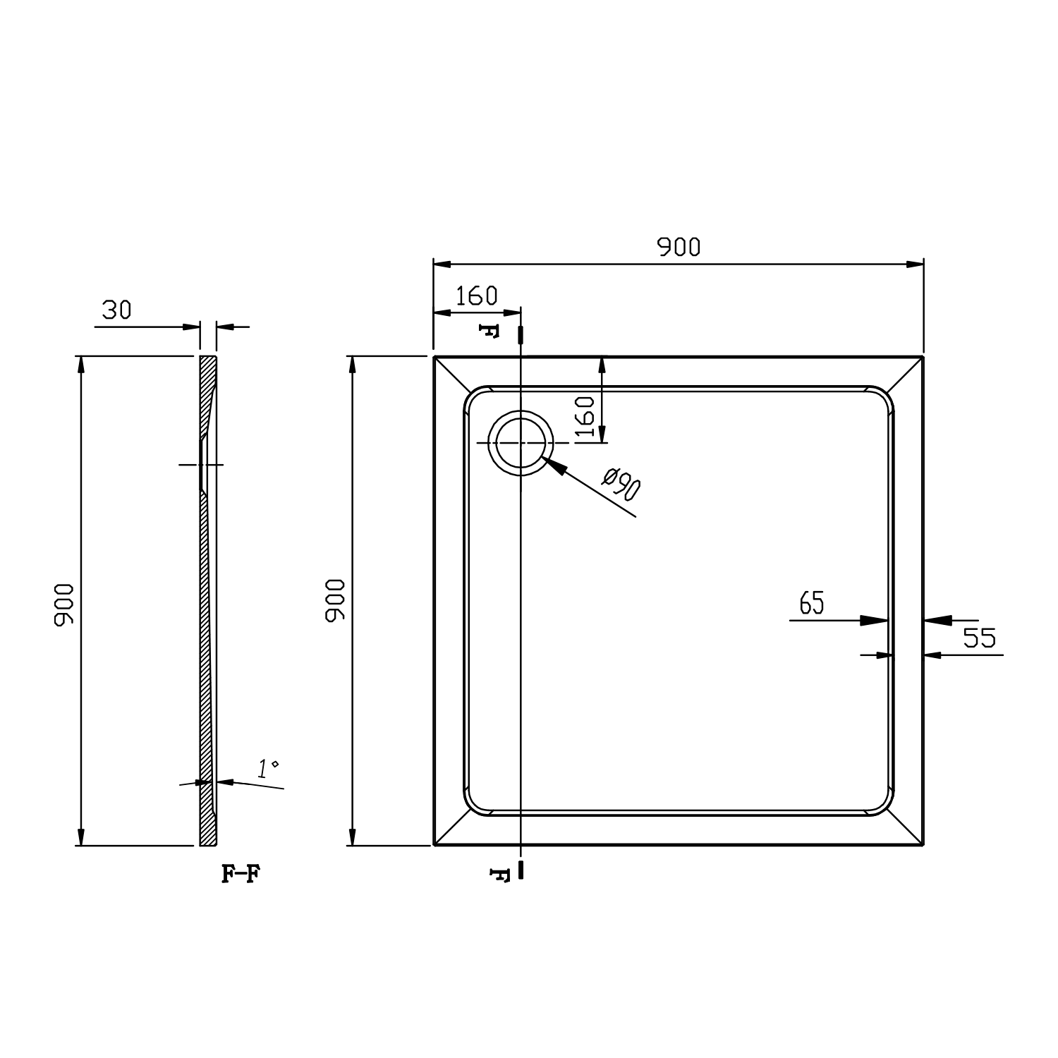 Aqualine TECMI sprchová vanička z litého mramoru, čtverec 90x90cm, bílá, technický nákres