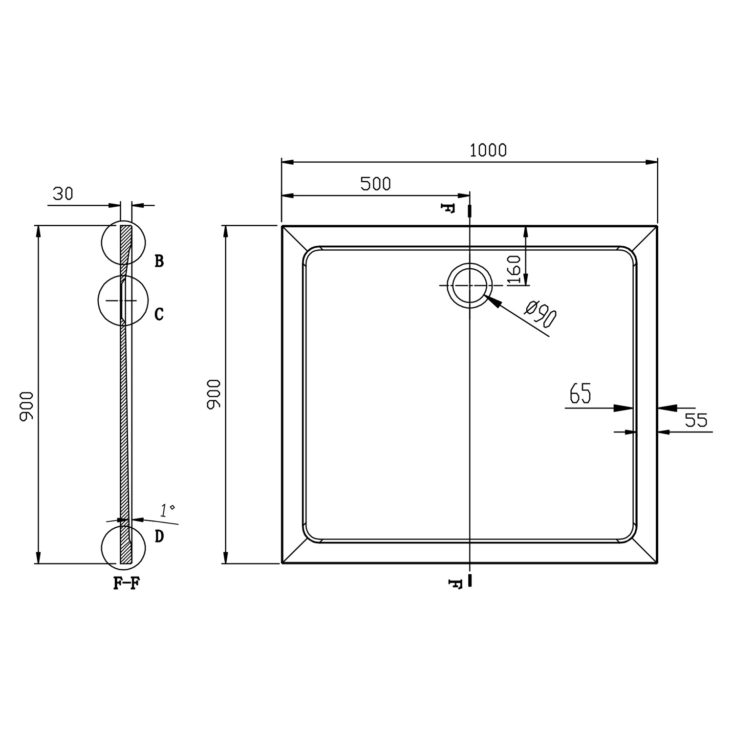 Aqualine TECMI sprchová vanička z litého mramoru, obdélník 100x90cm, bílá, technický nákres