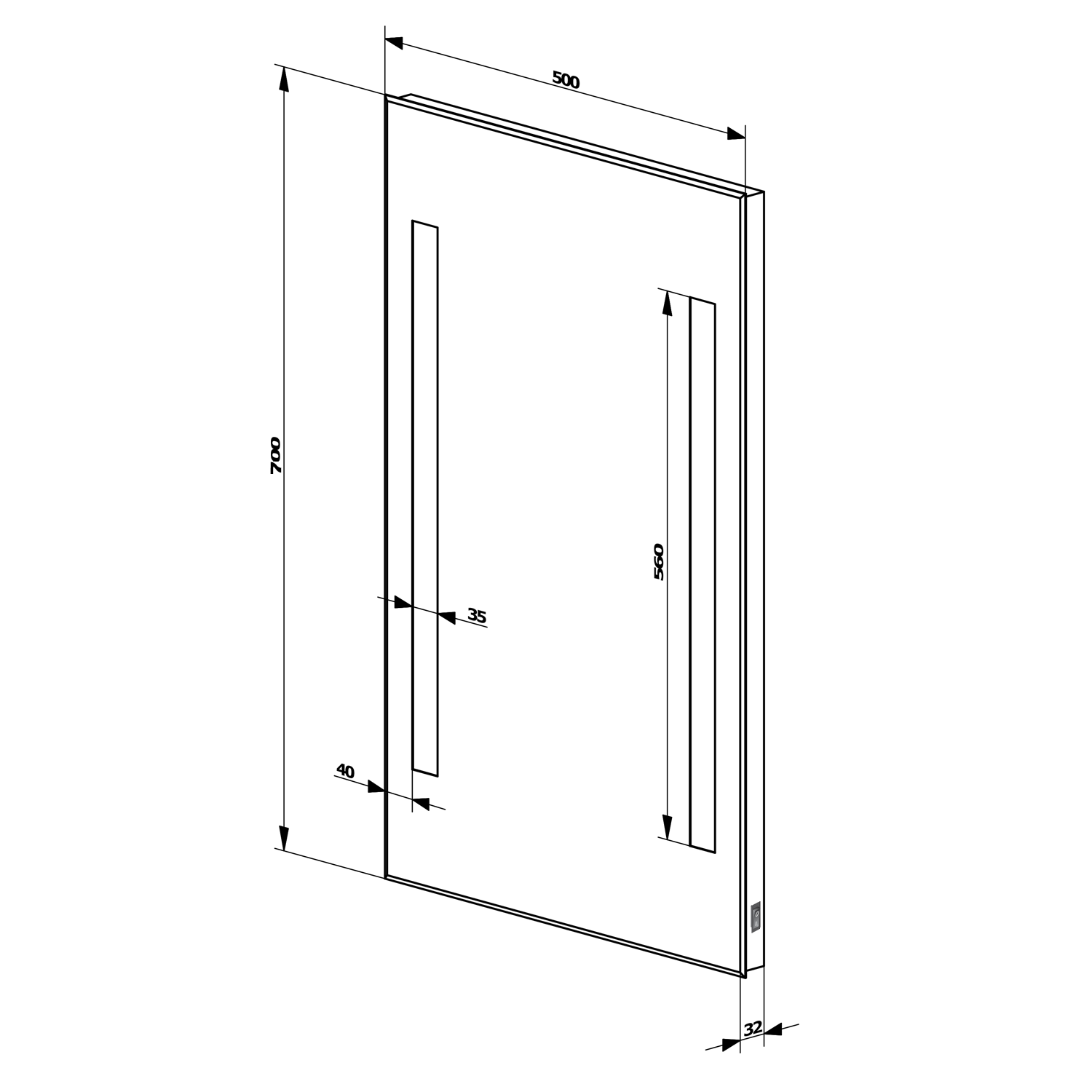 Aqualine Zrcadlo s LED osvětlením 50x70cm, kolébkový vypínač, technický nákres