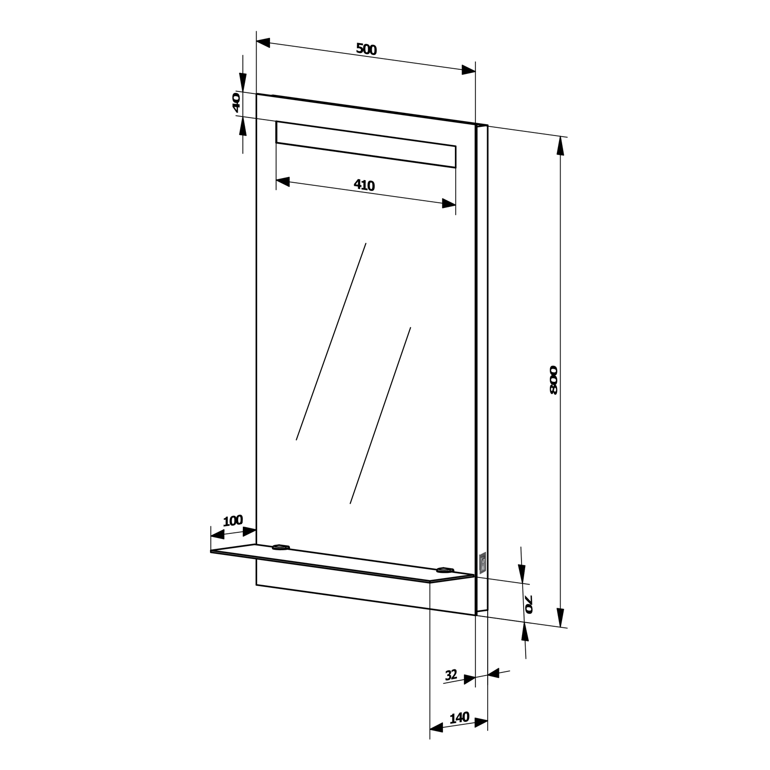 Aqualine Zrcadlo s LED osvětlením a policí 50x80cm, kolébkový vypínač, technický nákres