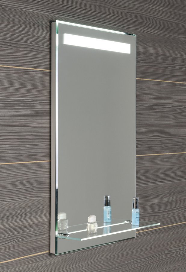 Aqualine Zrcadlo s LED osvětlením a policí 50x80cm, kolébkový vypínač, rozsvícené zrcadlo s policí
