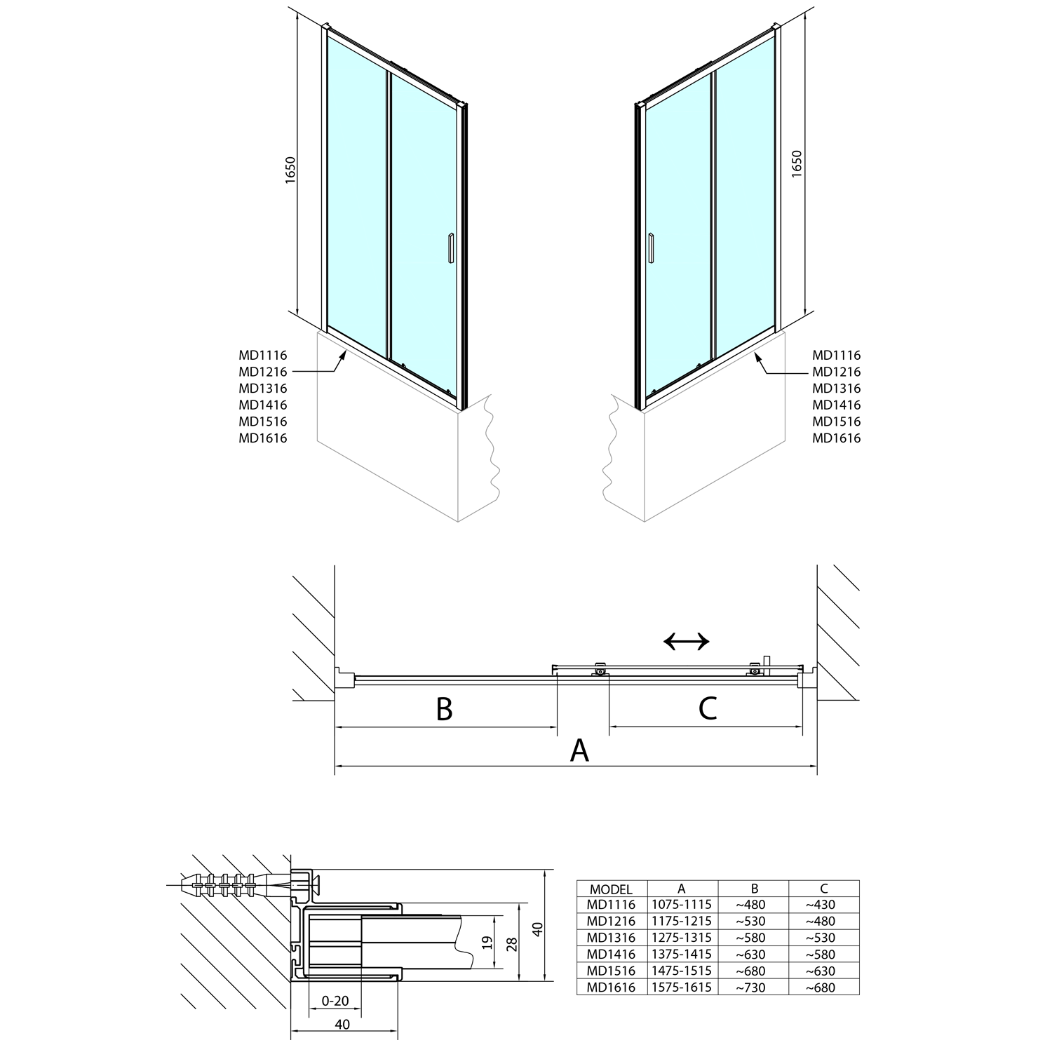 Polysan DEEP sprchové dveře 1400x1650mm, čiré sklo, technický nákres