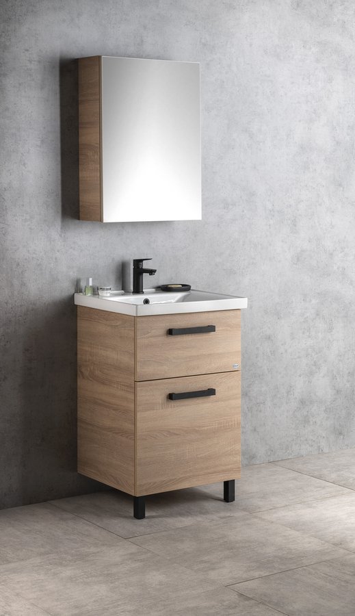 Aqualine VEGA umyvadlová skříňka 51,5x72,6x43,6cm, 2x zásuvka, dub platin, v koupelně se zrcadlovou skříňkou