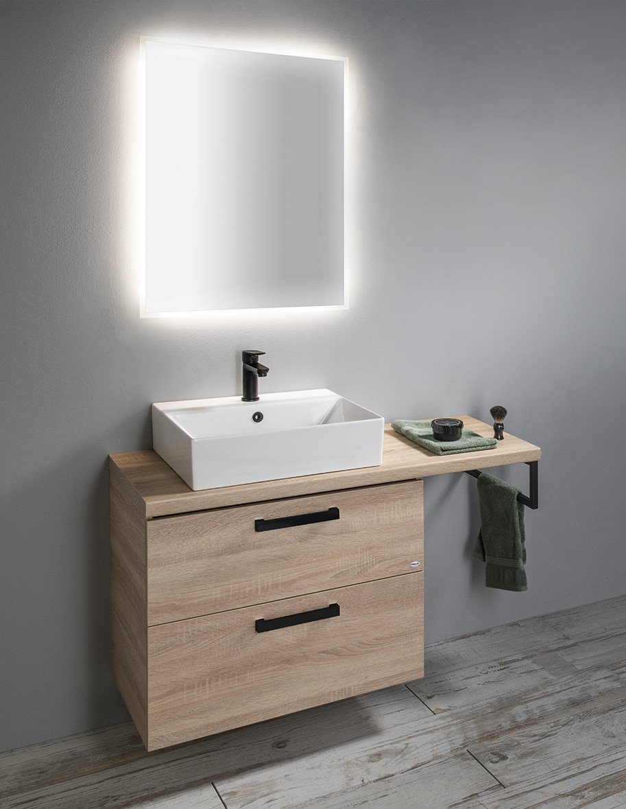 Aqualine VEGA umyvadlová skříňka 97x60x43,8cm, 2x zásuvka, dub platin, na skříňce s podsvíceným zrcadlem