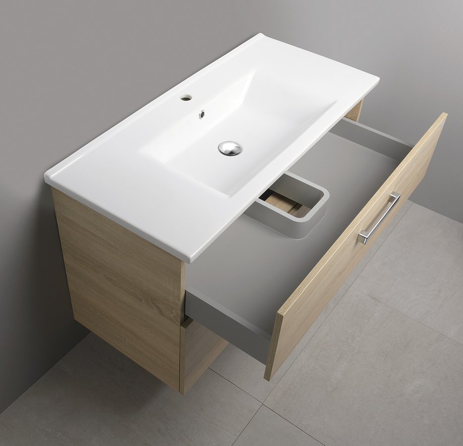 Aqualine VEGA umyvadlová skříňka 97x60x43,8cm, 2x zásuvka, dub platin, s otevřenou zásuvkou