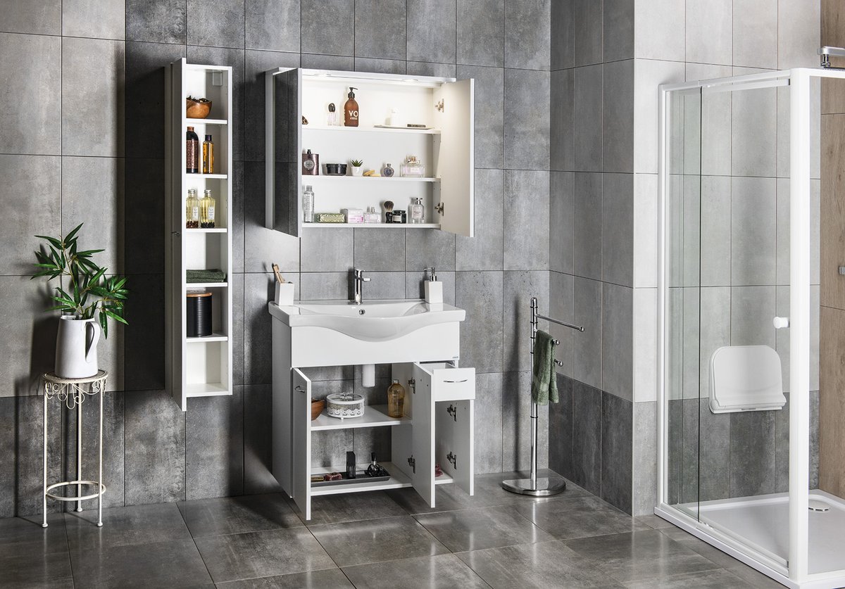 Aqualine KERAMIA FRESH umyvadlová skříňka 75,2x74x34,4cm, bílá, v koupelně se sprchovým koutem