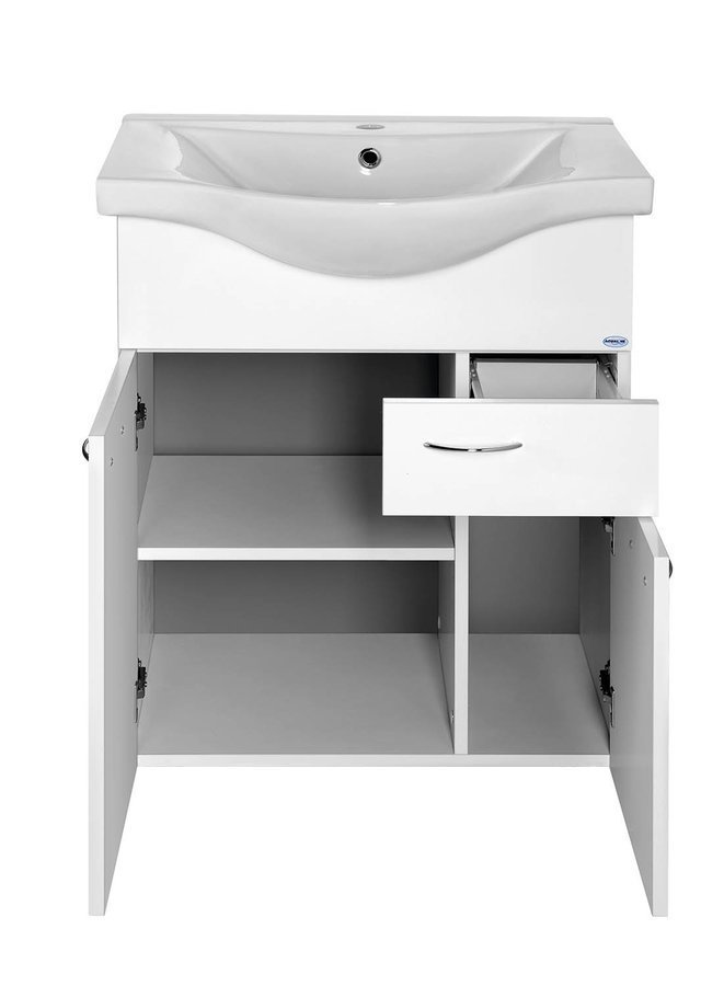 Aqualine KERAMIA FRESH umyvadlová skříňka, 1 zásuvka, 60,6x74x34cm, bílá, s otevřenými dvířky a zásuvkou