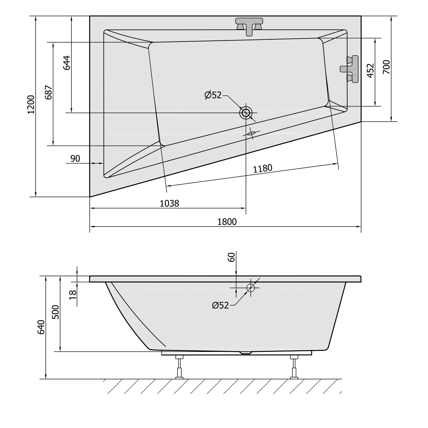 Polysan TRIANGL L SLIM asymetrická vana 180x120x50cm, bílá, technický nákres