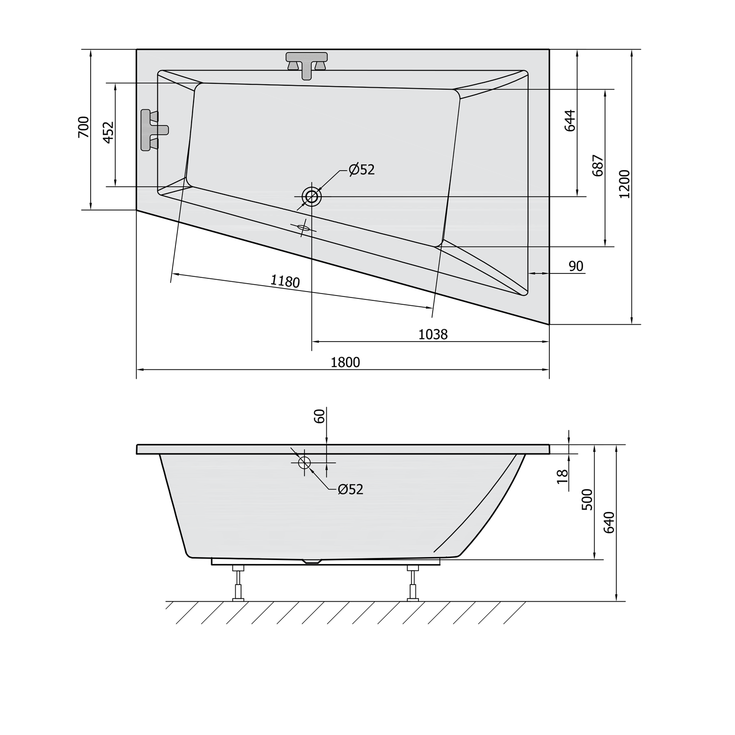 Polysan TRIANGL R SLIM asymetrická vana 180x120x50cm, bílá, technický nákres