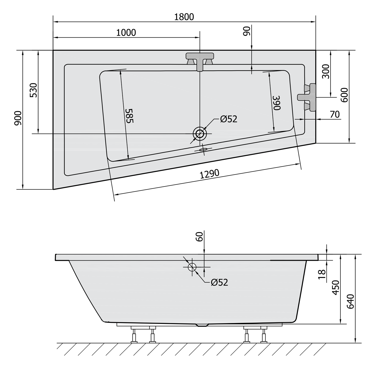 Polysan ANDRA L SLIM asymetrická vana 180x90x45cm, bílá, technický nákres
