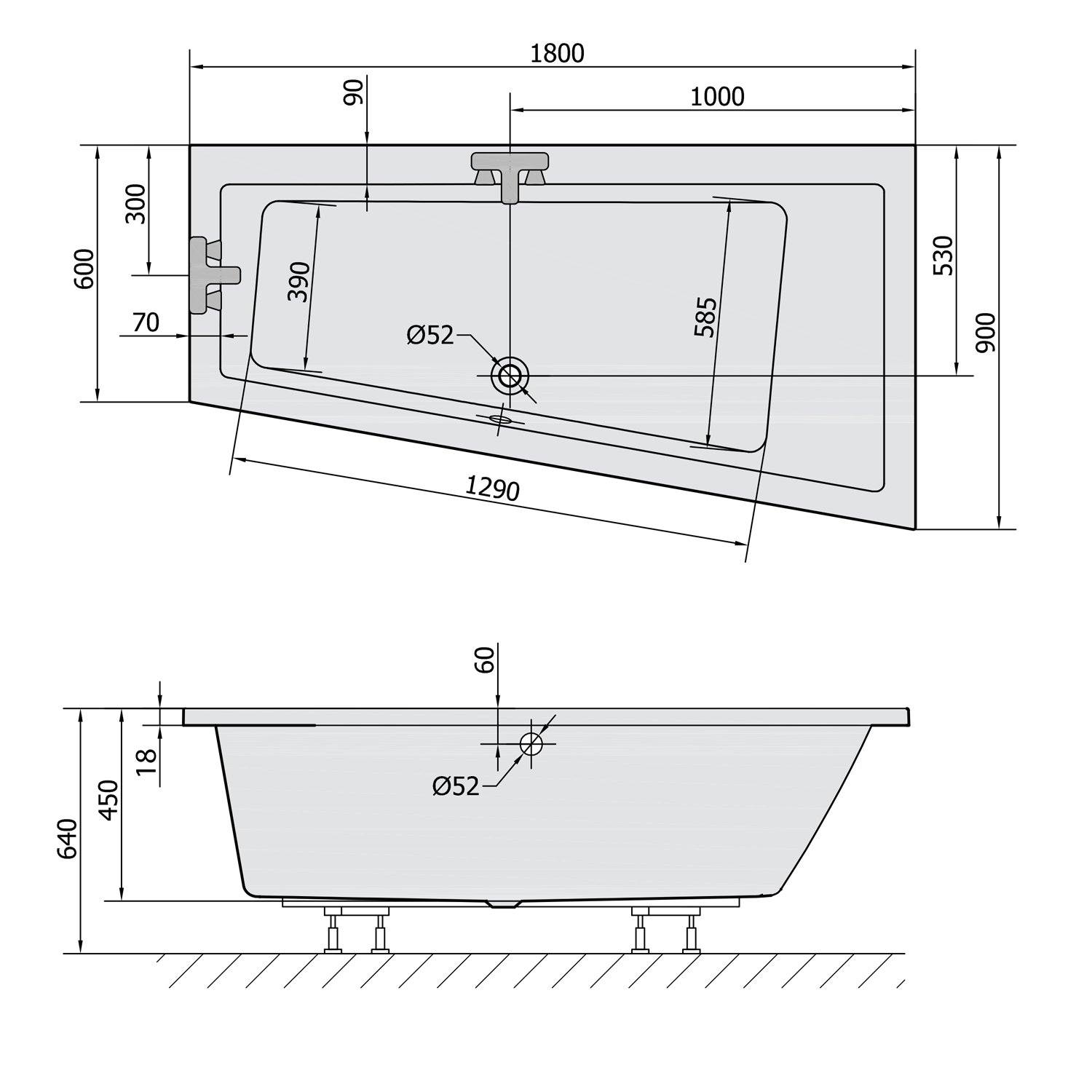 Polysan ANDRA R SLIM asymetrická vana 180x90x45cm, bílá, technický nákres