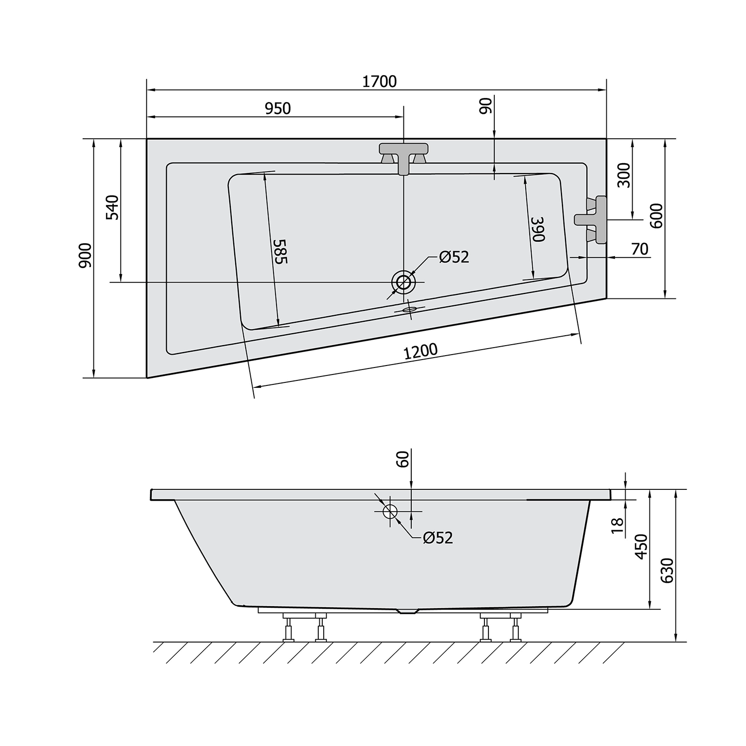 Polysan ANDRA L SLIM asymetrická vana 170x90x45cm, bílá, technický nákres