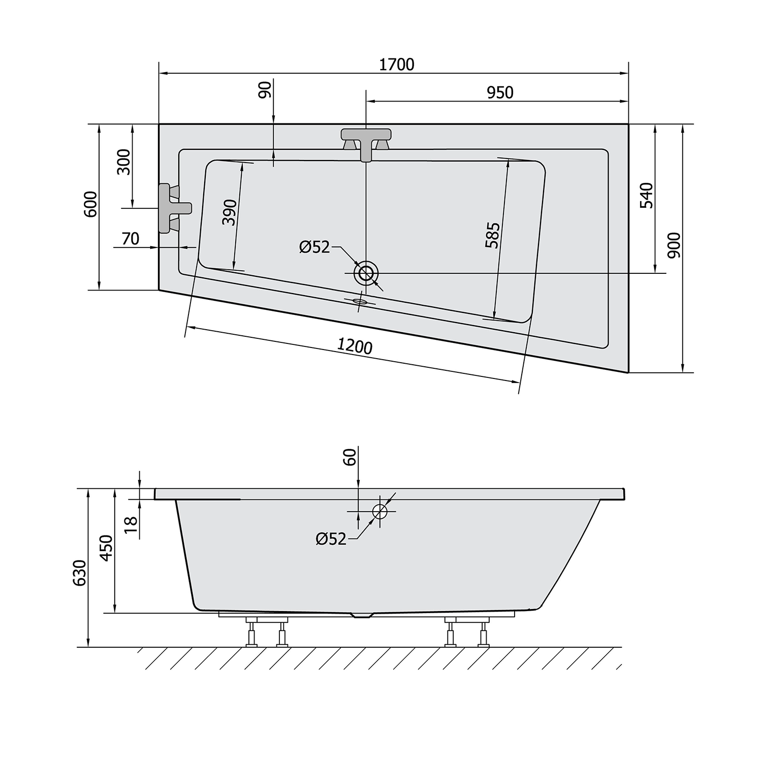 Polysan ANDRA R SLIM asymetrická vana 170x90x45cm, bílá, technický nákres