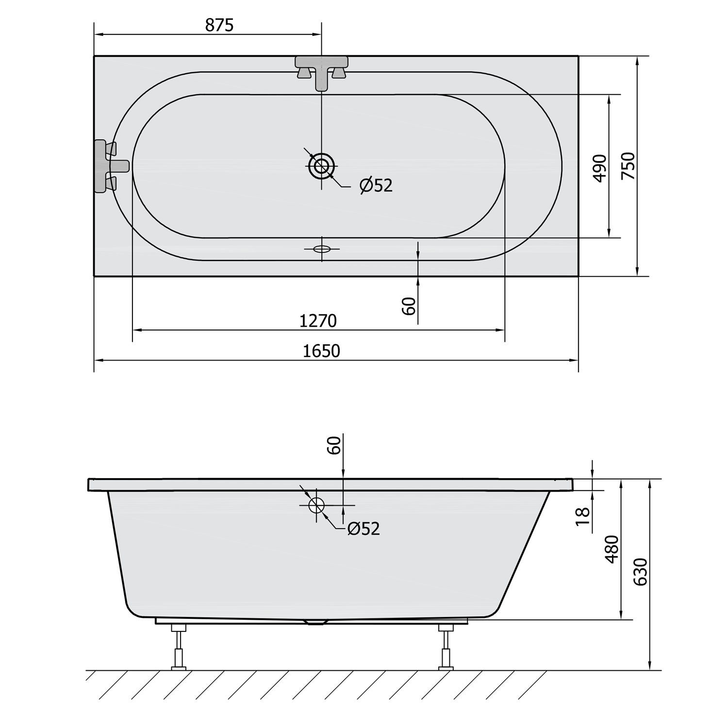 Polysan ASTRA B SLIM obdélníková vana 165x75x48cm, bílá, technický nákres