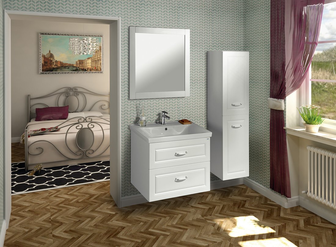 Aqualine FAVOLO umyvadlová skříňka 76,5x60x44,6cm, bílá mat, v pokoji se zrcadlem