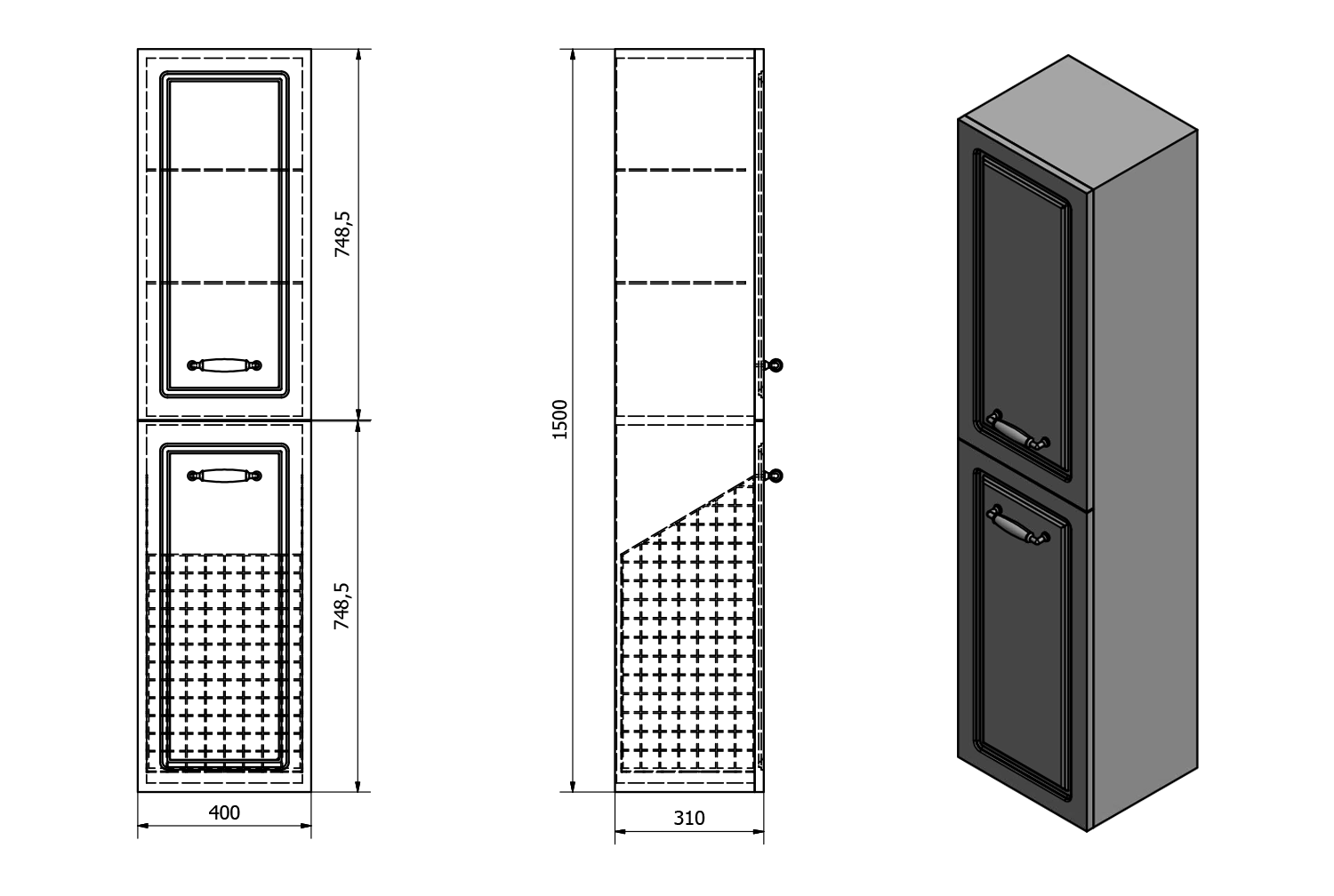 Aqualine FAVOLO vysoká skříňka košem 40x150x31cm, bílá mat, technický nákres