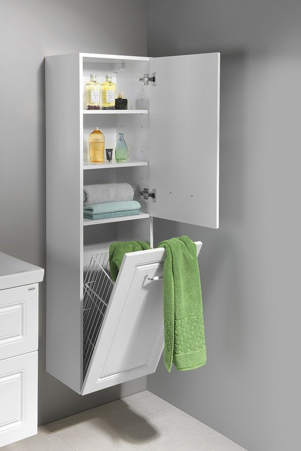 Aqualine FAVOLO vysoká skříňka košem 40x150x31cm, bílá mat, s otevřenými dvířky a košem
