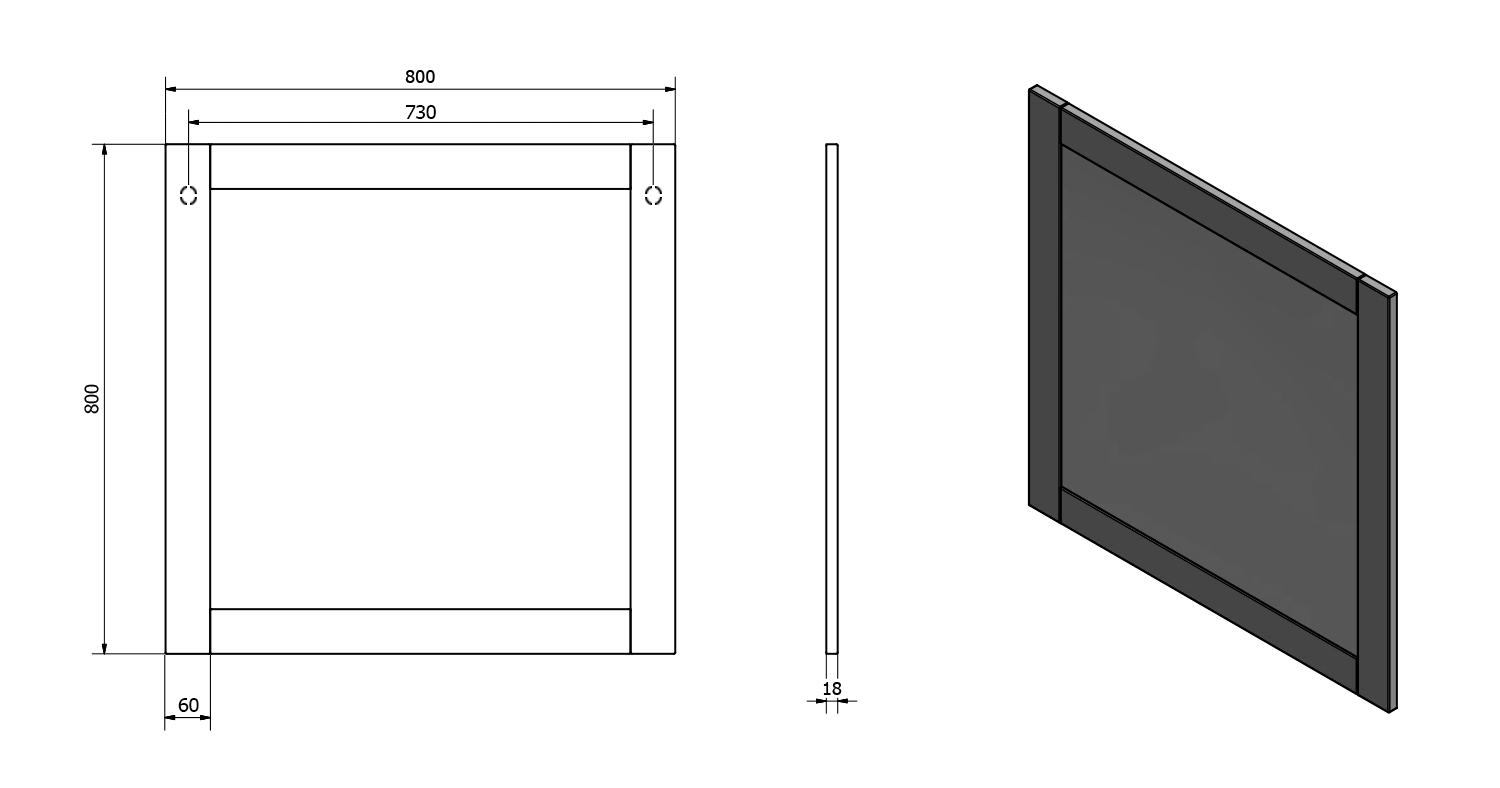 Aqualine FAVOLO zrcadlo v rámu 80x80cm, bílá mat, technický nákres