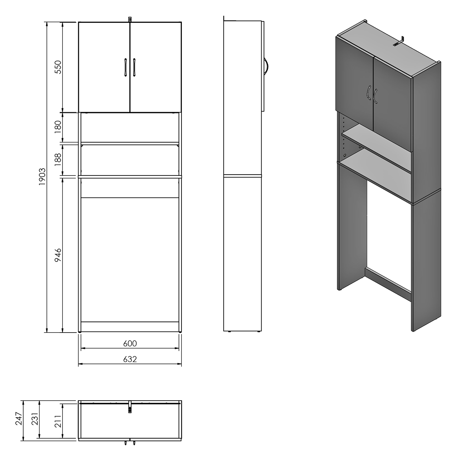 Aqualine SIMPLEX ECO skříňka za pračku 63x25x190cm, bílá, technický nákres