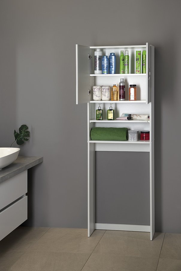 Aqualine SIMPLEX ECO skříňka za pračku 63x25x190cm, bílá, s otevřenými dvířky a kosmetikou
