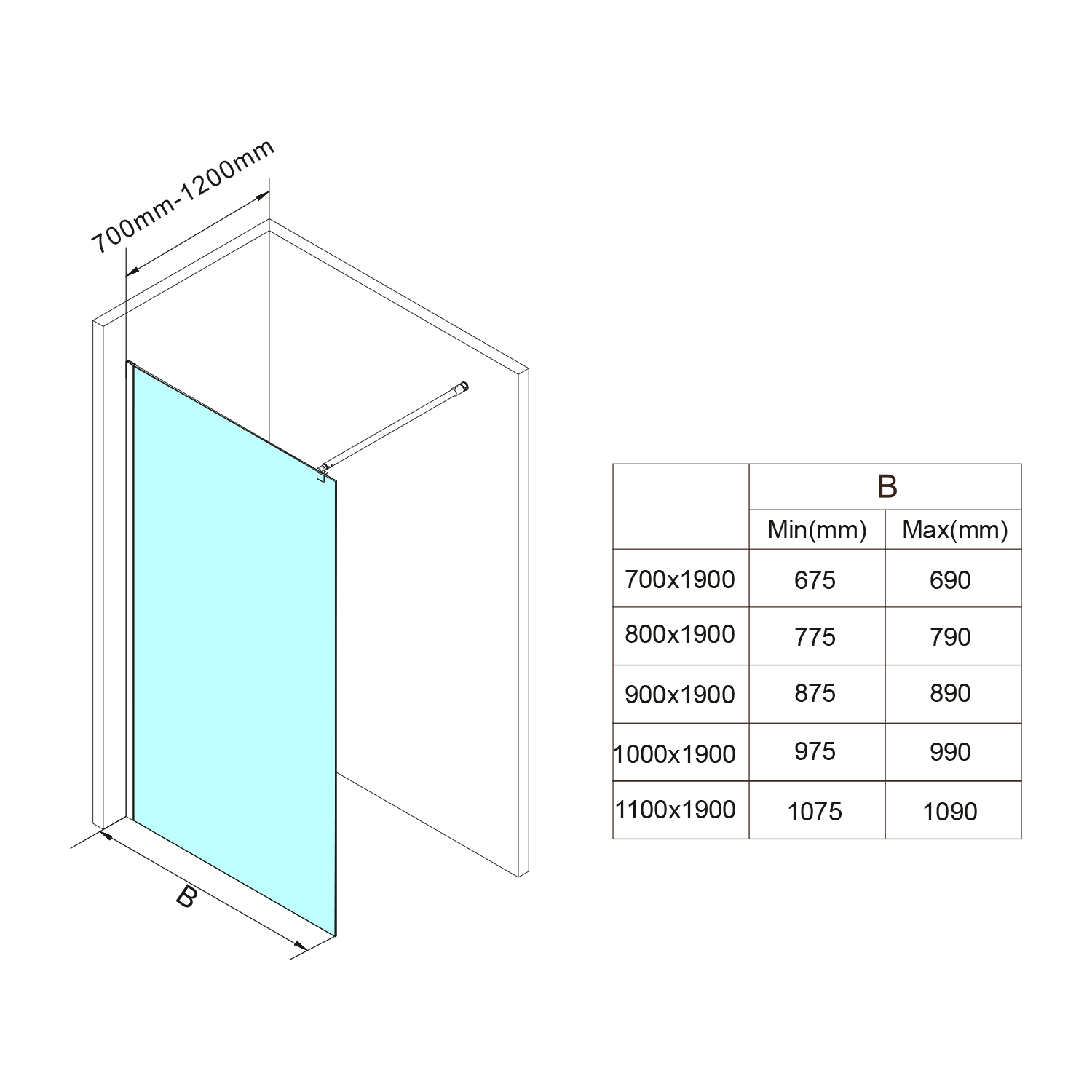 Aqualine WALK-IN zástěna jednodílná k instalaci na zeď, 800x1900 mm, sklo čiré, technický nákres
