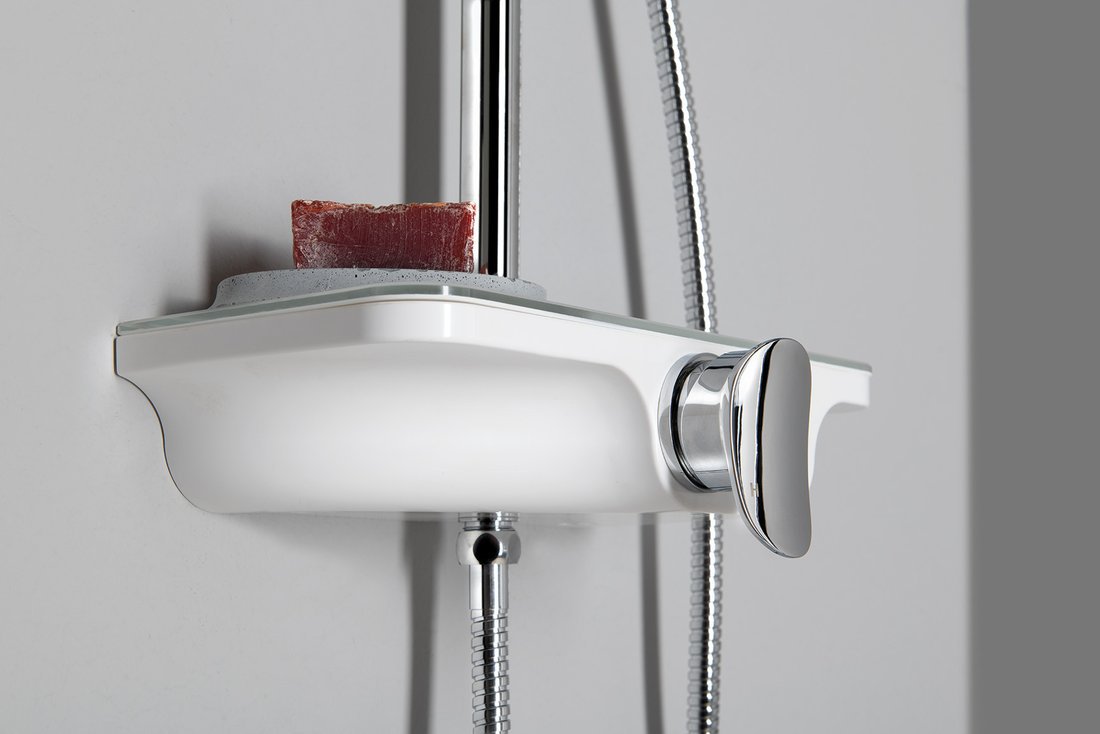 Aqualine MARCO sprchový sloup s pákovou baterií, chrom, detail poličky a termostatu