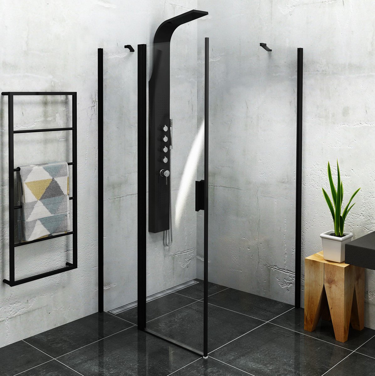 Polysan ZOOM BLACK obdélníkový sprchový kout 1200x900mm L/P varianta, v koupelně