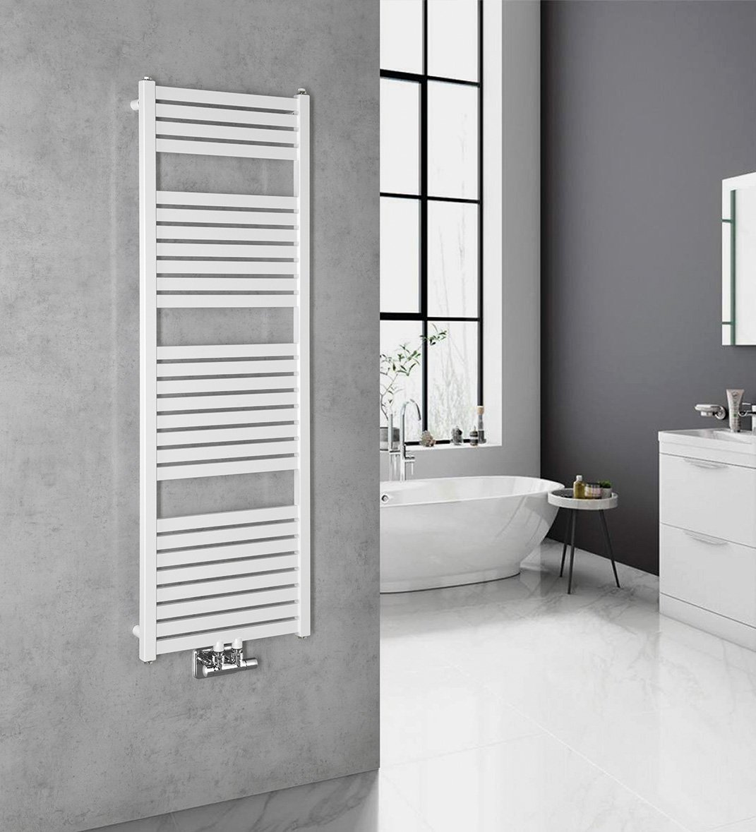 Aqualine TONDI otopné těleso rovné 450x1330 mm, středové připojení, bílá, na stěně v koupelně