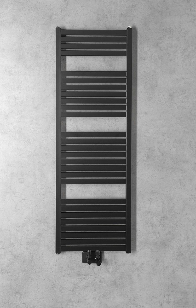 Aqualine TONDI otopné těleso rovné 450x1330 mm, středové připojení, černá mat, na stěně, pohled zepředu